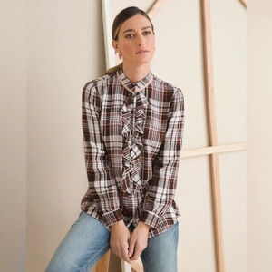 Chicos Chico’s Ruffle Button Front Blouse Sz L Brown Plaid Preppy Academia